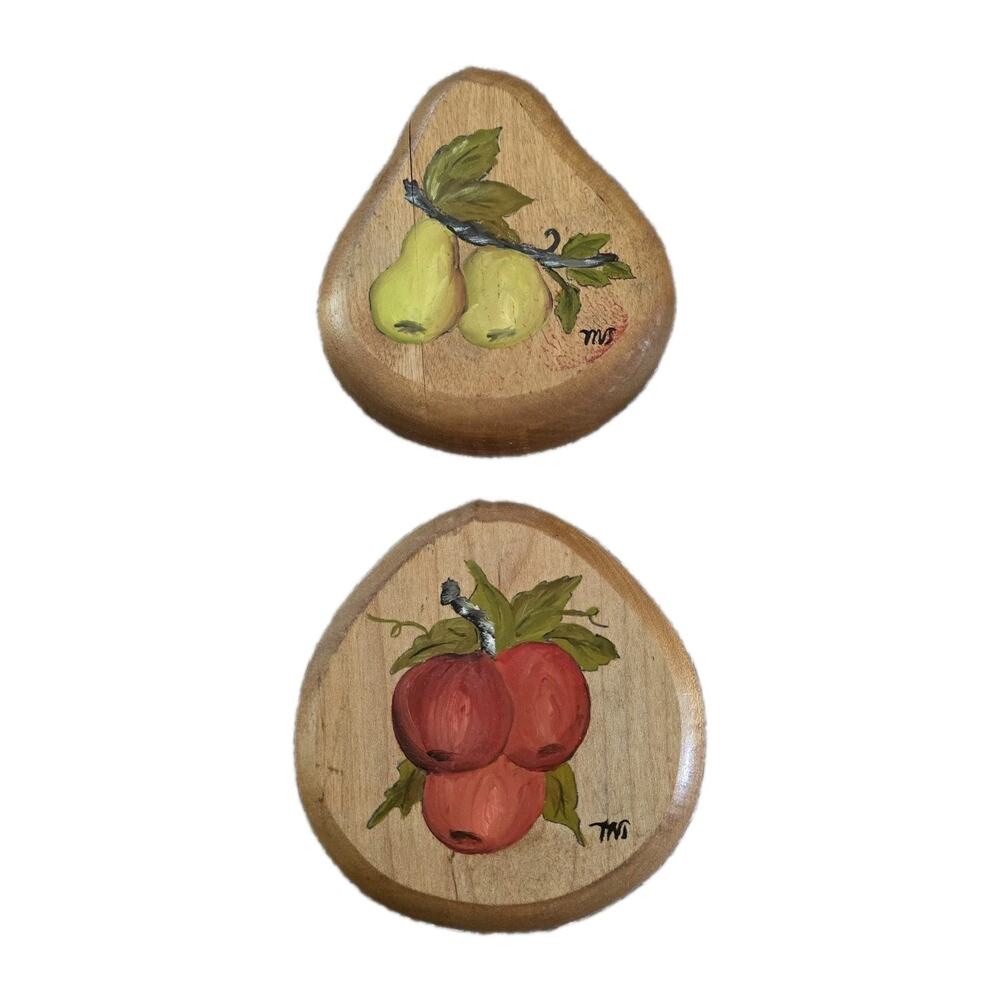 Vintage Wooden Hand Painted Fruit Decor Pear Peaches Oranges MCM 70s Signed